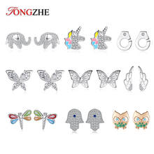 TONGZHE 925 Sterling Silver Earrings for Women Elephant Fish Butterfly Owl Pave CZ Luck Turkey Hamsa Hand Stud Earrings Jewelry 2024 - buy cheap
