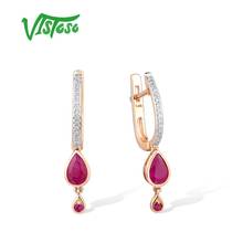VISTOSO Gold Earrings For Women Pure 14K 585 Rose Gold Sparkling Diamond Ruby Dangling Drop Earrings Elegant Trendy Fine Jewelry 2024 - buy cheap