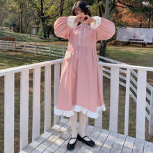 Осеннее женское платье в стиле японской Девушки Мори Лолита, милое праздвечерние платье в стиле «лолита» с круглым воротником «Питер Пэн» и розовыми оборками, платья в стиле «лолита» с расклешенными рукавами 2024 - купить недорого