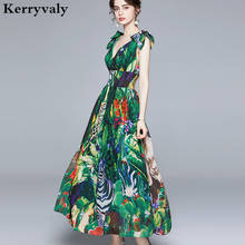Green Jungle Chiffon Printed Summer Maxi Dress Robe Femme T 2022 V-neck Strap Elastic Waist Elegant Long Dress  K299 2024 - buy cheap