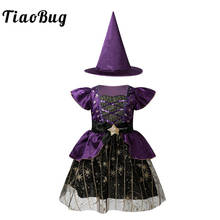 TiaoBug Kids Girls Halloween Witch Costume Shiny Sequins Stars Short Sleeves Carnival Cosplay Dress with Pointed Hat Dress Up 2024 - buy cheap