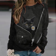 Blusa con cremallera de gato negro para mujer, camisa informal Kawaii de manga larga con cuello redondo, holgada, estética 2024 - compra barato