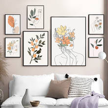 Pintura en lienzo de arte de pared naranja para sala de estar, carteles nórdicos, impresiones de líneas de cara de mujer y flores abstractas, imágenes de pared para decoración del hogar 2024 - compra barato