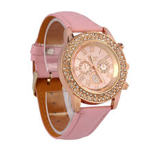Лидер продаж, модные женские кварцевые часы, роскошные женские часы с кристальным циферблатом, кварцевые аналоговые часы с кожаным браслетом, наручные часы розового цвета, Relogio Feminino 2024 - купить недорого