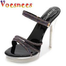 Sandálias femininas voesnees, sapatos de salto alto 10cm com cristais coloridos para festa e boate, com plataforma de aço 2024 - compre barato