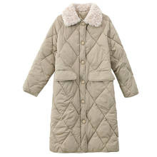 Women Winter Elegant Argyle Thicken Long Parkas Fur Collar Zipper Cotton Coat Jacket Straight Loose Overcoat Outerwear 2024 - buy cheap