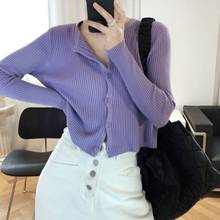 Cárdigan corto de punto para mujer, chaqueta de manga larga, suéter morado, azul y blanco, ropa coreana para primavera 2024 - compra barato