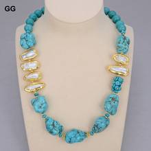 GuaiGuai Jewelry Blue Turquoises Rough Natural White Biwa Freshwater Pearl Choker Necklace 21" Vintage For Women 2024 - buy cheap