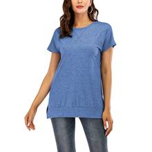 Женская модная повседневная Однотонная футболка с круглым вырезом и коротким рукавом 2024 - купить недорого