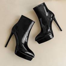 Laigzu botas de tornozelo femininas, couro legítimo brilhante saltos altos, fecho lateral, outono, sapatos de mulher, tamanho grande 38 39, 41 2024 - compre barato