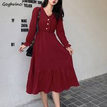 Vestido de manga longa feminino, botões sólidos, gola v, babados, elegante, estilo francês, moda feminina, meia panturrilha, ulzzang 2024 - compre barato