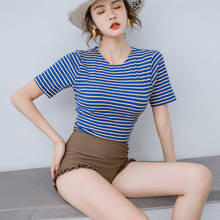 New Korean Women Tankini Set Short Striped Sleeve Cute Two Pieces Girl High Waist Full Coverage Back Nylon Bathing Suit 2024 - buy cheap