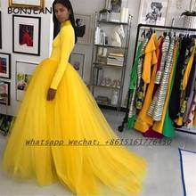 Amarelo mangas compridas vestido de noite tule 2021 a linha formal vestido de noite para mulher 2024 - compre barato
