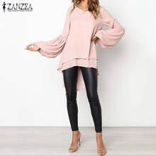 Women Lantern Sleeve Blouse ZANZEA Autumn Crew Neck Asymmetrical Hem Shirt Casual Solid Blusas Femininas Long Tops Tunic Robe 7 2024 - buy cheap