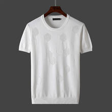 Camiseta masculina de manga curta com gola redonda, gola slim fit, camisetas de cor sólida, suéteres de malha de seda fina gelo b173, 2021 2024 - compre barato