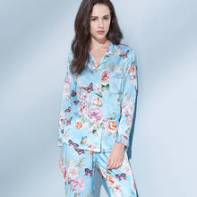 Conjunto de pijama feminino 100% seda legítima, camisola estampa azul seda 2024 - compre barato