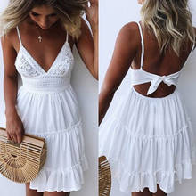 Women Summer Dress Sexy Lace Bow Backless V-neck Mini Beach Dresses Sleeveless Mini Ruffle White Dress Woman Summer 20 2024 - buy cheap