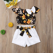 Модная одежда для новорожденных девочек Летняя футболка с цветочным принтом однотонные Короткие штаны комплект одежды из 2 предметов для От 1 до 5 лет 2024 - купить недорого