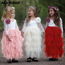 Детские платья для девочек; праздничное платье принцессы; кружевное газовое платье с длинными рукавами и v-образным вырезом сзади; цвет красный, белый, розовый; свадебная одежда 2024 - купить недорого