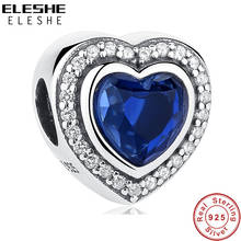 ELESHE 100% 925 Sterling Silver Radiant Heart Beads Charms Fit Original Bracelet Bangle Blue CZ Beads for Jewelry Making 2024 - buy cheap