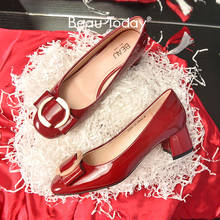 Туфли BeauToday женские из лакированной кожи, квадратный носок, металлическая пряжка, без застежки, квадратный каблук, свадебная обувь, ручная работа, 15333 2024 - купить недорого