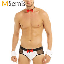 MSemis 3Pcs Men Sexy Lingerie Suit Set See Through Mesh Butt Splits Brief Underwear with Bow Tie Cuffs Costume Wedding Nightwear 2024 - buy cheap