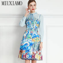 MIUXIMAO 2021 Spring Summer Stand Collar Cartoon Printing  Long Sleeve Ruffles  Elegant Fashion Casual Dress Vestidos Women  Bow 2024 - buy cheap