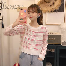 Winter Women Knitted Round Neck Sweater Short Style Jumper Fashion Slim Stripe Female Sweaters 2024 - buy cheap