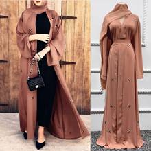 Donsignet Muslim Dress 2021 Dubai Muslim Fashion Bead Islamic Cardigan Dress Ramadan Middle East Abaya Turkey Robes Dress Belt 2024 - buy cheap