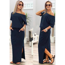 2021  Womensfashion Boho Maxi Dress Sexy Summer Short Sleeve Side Slit Loose Evening Party Long Beach Dress with Pocket 2024 - buy cheap