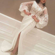 White Muslim Evening Dresses 2019 Mermaid High Collar Long Sleeves Lace Slit Islamic Dubai Saudi Arabic Long Evening Gown Prom 2024 - buy cheap