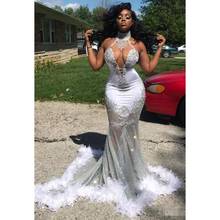 Glitter Sequin Mermaid Black Girl Prom Dress with Feathers Train Sexy Halter Neck African Formal Dresses Plus Size 2024 - buy cheap