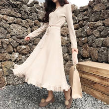 Women Long Sleeve Dresses Solid Ruffles Slim V-neck High Waist French Fashion Elegant Temperamental Retro Party Date Buttons New 2024 - buy cheap