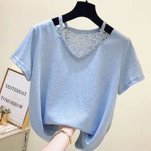 Camiseta feminina manga curta gola v, camiseta feminina estilo coreia rosa azul branco 2024 - compre barato