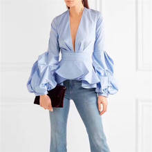 2021 New Fashion Korean Women Blouse Lantern Sleeve Slim Sexy Blue Tops Sexy Deep V Neck Ruffled Shirt High Waist OL Work Wear 2024 - buy cheap