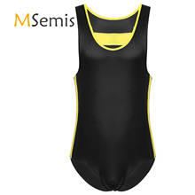 Swimwear Mens Swimsuits Round Neck Sports Swim Bodysuit Stretchy Patent Leather Patchwork Gymnastic Leotard Lingerie Underwear 2024 - buy cheap