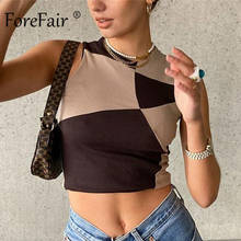 Crop top de retalhos foreair, blusa marrom com malha estriada, sem mangas, gola alta, estética, moda feminina verão 2024 - compre barato