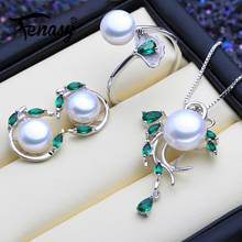 FENASY-Conjuntos de joyas de esmeralda de Plata de Ley 925, pendientes de perla Natural, colgante bohemio, collar, anillo de piedras verdes para mujer 2024 - compra barato