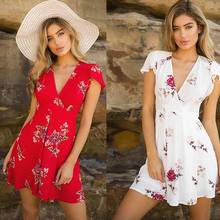 Hot sale elegant v-neck korean formal dress womens Summer Boho Short Dress Evening Party Beach Floral Sundress print sexy 2024 - buy cheap