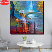 5d diamond painting abstract beauty girl ride bike waterfall diy full square drill embroidery round diamond mosaic DIY home art 2024 - buy cheap