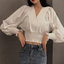2020 Fashion Women Blouses Summer Solid Color V Neck Puff Sleeve Blouse Waist Tight Office Shirt Ladies Spring Top Loose Clothin 2024 - buy cheap