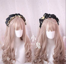Dark Black Gothic Lolita Lace Trim KC Headband Pearls Bow Handwork Hair Accessories Headwear Women's Headdress  B446 2024 - buy cheap