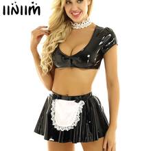 Womens Ladies Wetlook Clubwear Parties Latex French Maid Dress Sissy Halloween Cosplay Costumes Crop Top with Flared Mini Skirt 2024 - buy cheap