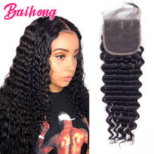 Deep Wave Swiss Lace Closures Only Brazilian Natural Smooth Virgin Human Hair Cheap 4x4 Pre Plucked Top Curly Closure BAIHONG 2024 - buy cheap