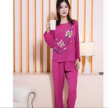 Mom pajamas spring and summer cotton and linen suit middle-aged and elderly large size thin home service flowers rose red blue 2024 - buy cheap