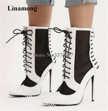 Linamong Women Elegant Pointed Toe White-black Stiletto Heel Short Gladiator Boots Lace-up Patchwork High Heel Ankle Booties 2024 - buy cheap