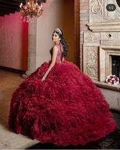 Роскошные бордовые платья Quinceanera вырез отделан бусинами и стразами сладкий 16 платье из тюли юбка Мексиканская Свадебные платья xv, 2024 - купить недорого