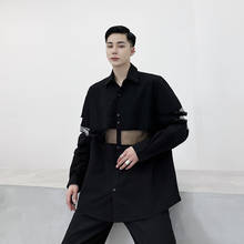Homens de malha transparente splice casual camisa de manga longa masculino feminino japão streetwear moda preto branco casal camisa roupas de palco 2024 - compre barato