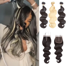 Faux Highlight 613 Brazilian Body Wave Bundles With Closure Human Hair Bundles With Closure 613 Blonde Human Hair With Closure 2024 - buy cheap