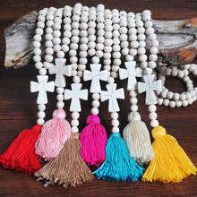 Женское Ожерелье в богемном этническом стиле, длинное ожерелье с кулоном в виде бирюзового Креста белого цвета с деревянными бусинами и кисточками на свитере, ювелирное изделие в стиле панк 2024 - купить недорого